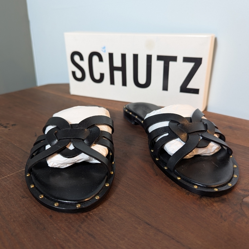 SCHUTZ Phoenix Flat Women’s Black Leather Sandals Size 8.5 Box